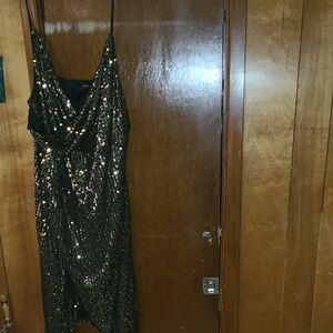Black And Gold Sequin Draped Slip Dress
